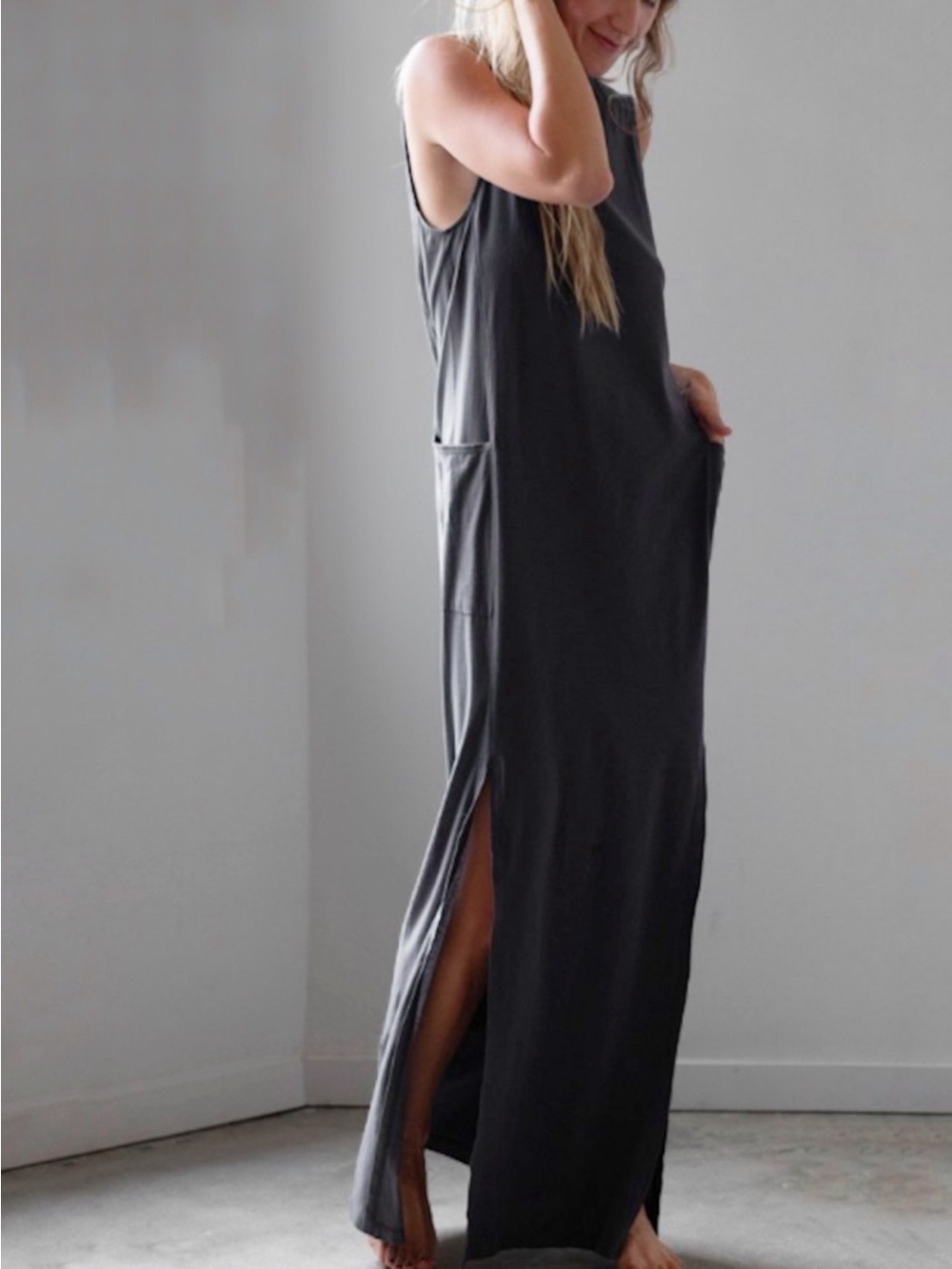 Lunya Cool Paneled Gray Sleeveless Maxi Dress with Side Slit Women’s Size XS